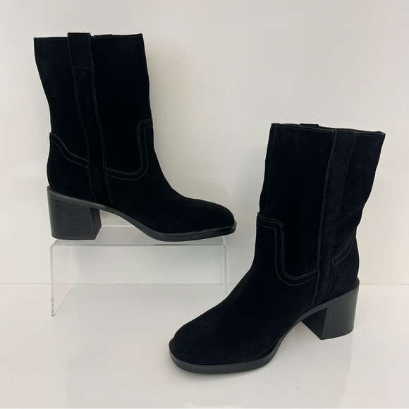 Steve Madden Romney Mid-Calf Boots Black Leather Block Heel Almond Toe Size 6 - Picture 4 of 13